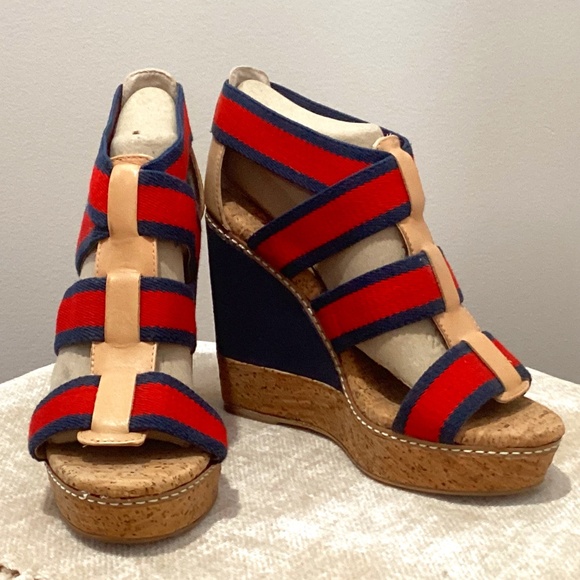 **NEW** Splendid Klever Wedge Heeled Cork Sandals - Red/Blue/Tan - 7M - Picture 1 of 13
